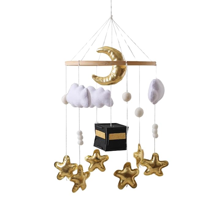 Baby Crib Mobile Nursery Decoration Moon and Stars Hanging Mobile Gender-Neutral Baby Mobile for Crib Handmade Newborn Nursery Decor Easy to Assemble & Durable (Golden Moon)