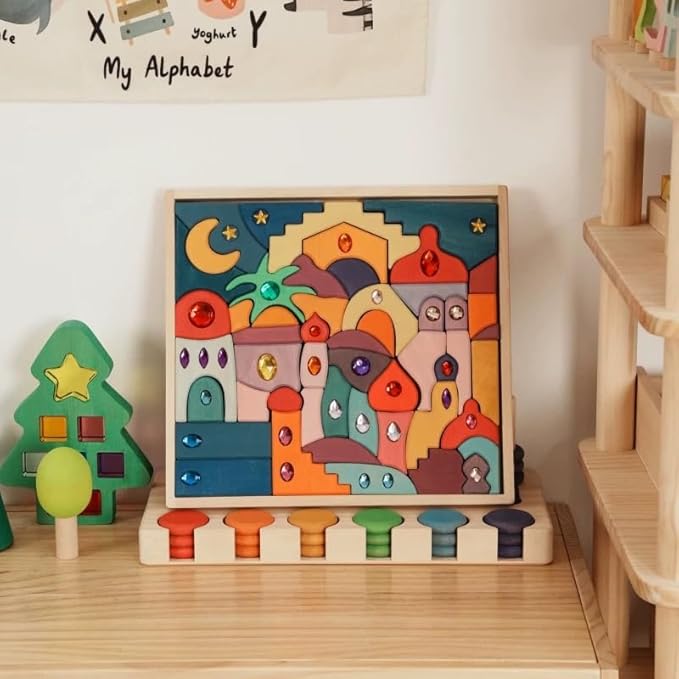 52PCS Wooden Acrylic Gem Blocks, Translucent Cubes Stacking Toys Natural Wood Creative Game Blocks Educational Toys for Children (Moon Beach Gemstone Blocks)