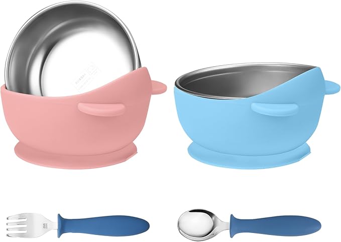 2 Pack Stainless Steel Baby Bowls with Removable Non-Slip Silicone Suction Shell, Anti Scald Food Container for Baby Food Feeding, Forks + Spoons Included-Blue & Pink