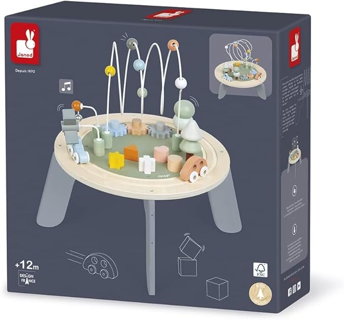 Janod J04402 Sweet Cocoon Wooden Activity Multi-Play Table Toddlers – Fine Motor Development – Non-Slip Feet – Water Painted and FSC Certified – Suitable for Age 1 Year and Above
