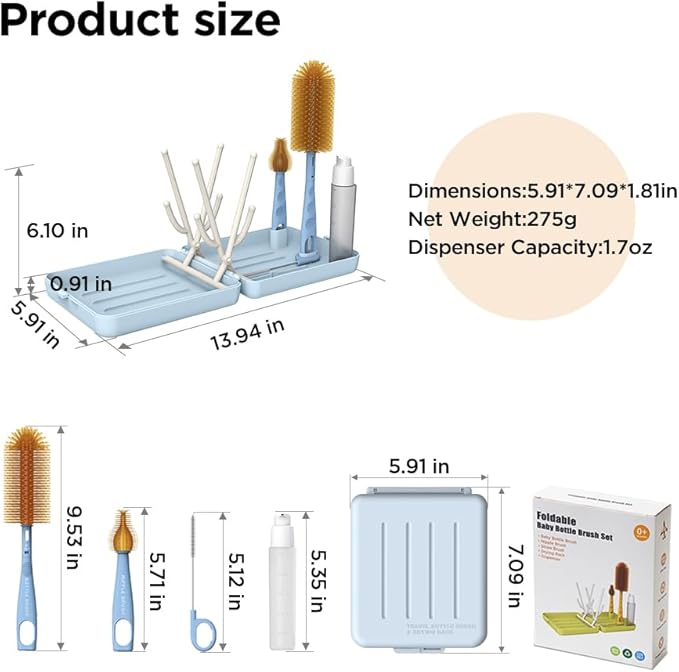 Travel Bottle Brush with Portable Bottle Drying Rack, Baby Bottle Brush for Baby Travel Essential, Blue