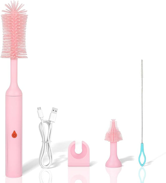 Electric Bottle Brush Cleaner, Bottle Brush Cleaner Baby with Nipple/Straw Cleaner Brush and Replaceable Silicone Bottle Brush, Waterproof Electric Bottle Cleaner, 2 Modes & 360° Rotation, Pink