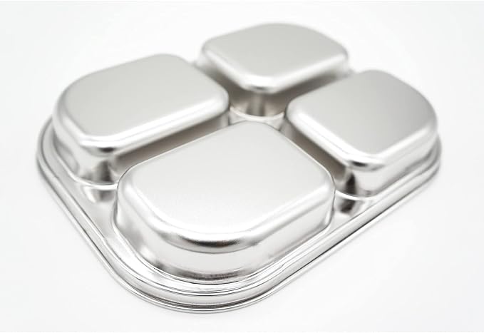 Korean Stainless Steel Divided Plates by KS&E, Little Kids Toddlers Babies Tray, BPA Free, Diet Food Control, Compact Serving Platter, Dinner Snack, 4 Compartment Plate Silver, Set of 2