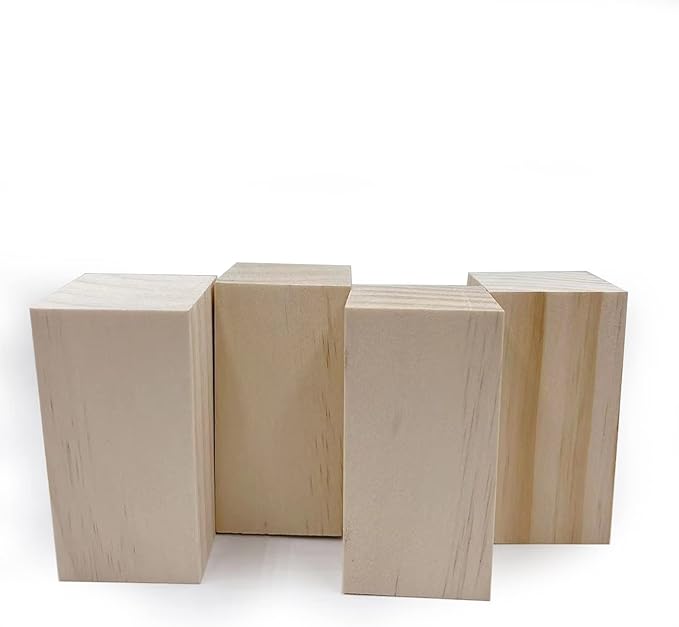 4 Inch Wood for Carving, 4 PCS Unfinished Wood Craft Cubes, Rectangular Wooden Blocks for DIY Carving, Large Unfinished Whittling Wood Blank Blocks for Kids or Adults (4×2×2Inch)