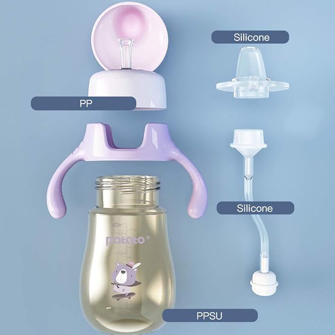 POTATO Sippy Cups For Toddlers with Straw Spill Proof, PPSU Learner Cup with Handle for Girl, Water Bottle for Baby 12 Months with 2 Type of Spout, 10 Ounce Pink