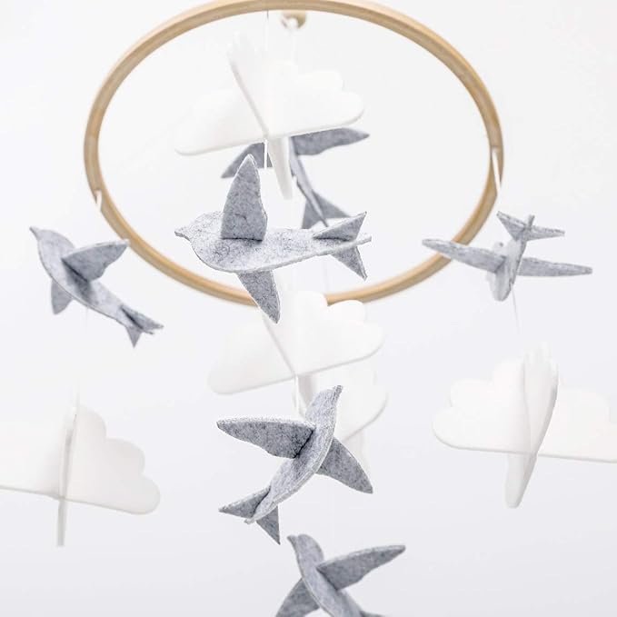 Sorrel + Fern Baby Crib Mobile (Birds in The Clouds, Short Version) - Unique and Minimalist Design for Boys & Girls