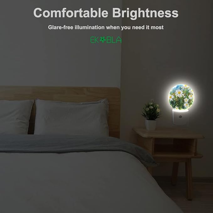 EKOBLA White Daisies Night Light Spring Garden Flower Daisy Night Lights Plug into Wall for Men Women Girls Boys, Dusk to Dawn Nightlight 0.5W Sleep Friendly