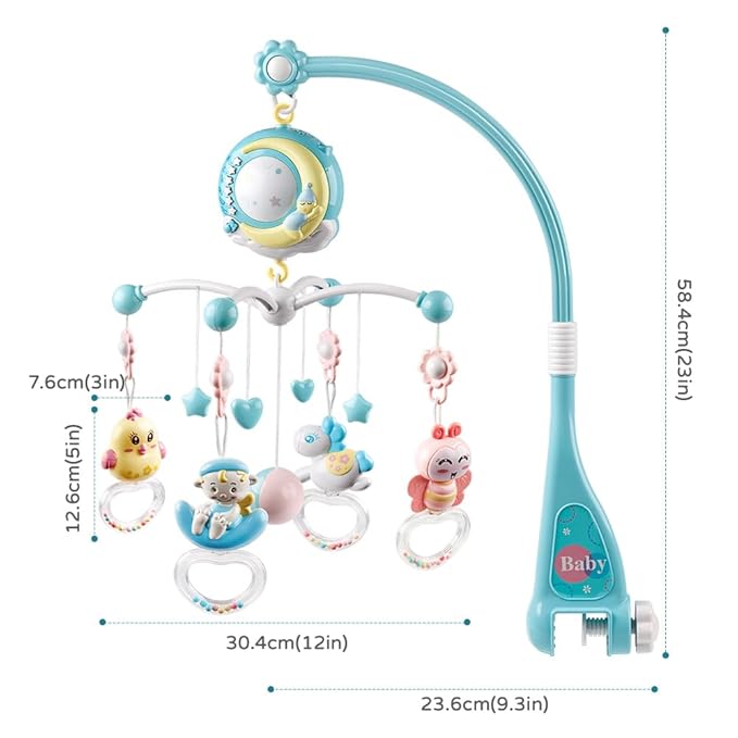 Baby Musical Crib Mobile with Timing Function Projector Lights,Stand-Along Rattles and 150 Melodies Music Box with Remote Control for Newborn 0-24 Months