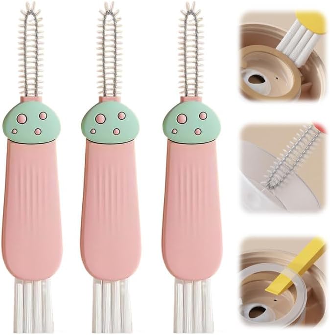 3 in 1 Cup Lid Cleaning Brush, 2025 New Multifunctional Cleaning Brush Crevice Cleaner Brush for Bottle Gap Tight Spaces, 3 in 1 Portable Cup Lid Cleaner with Brush (Pink)