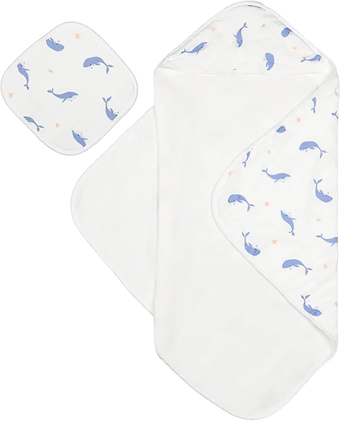 Bamboo Viscose Baby Hooded Towel & Washcloth Set for Babies and Toddlers, Soft & Absorbent, 70% Viscose from Bamboo, 30% Cotton Muslin - Imported (Whale)