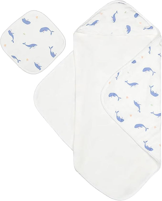 Bamboo Viscose Baby Hooded Towel & Washcloth Set for Babies and Toddlers, Soft & Absorbent, 70% Viscose from Bamboo, 30% Cotton Muslin - Imported (Whale)