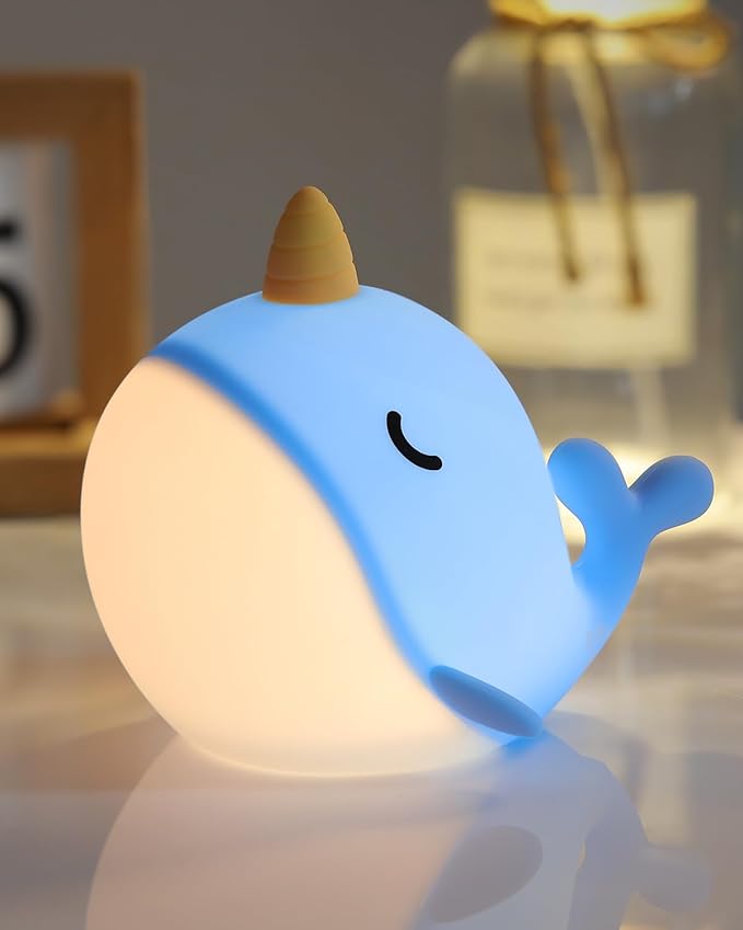 Fuloon Narwhal Night Light with Whale Shape, Squishy Silicone Kids Lamp, Safe & Soothing Touch Control for Kids and Babies, USB-C Rechargeable, 30-Min Auto Timer, Gift Idea (Blue)