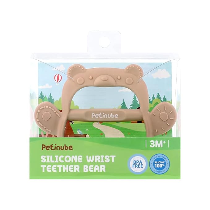 Baby Wrist Silicone Teether Soothing Pacifier for Infants 3+ Months Babies Pack of 1 Made in Korea Anti-Dropping (Bear-Cozy Beige)
