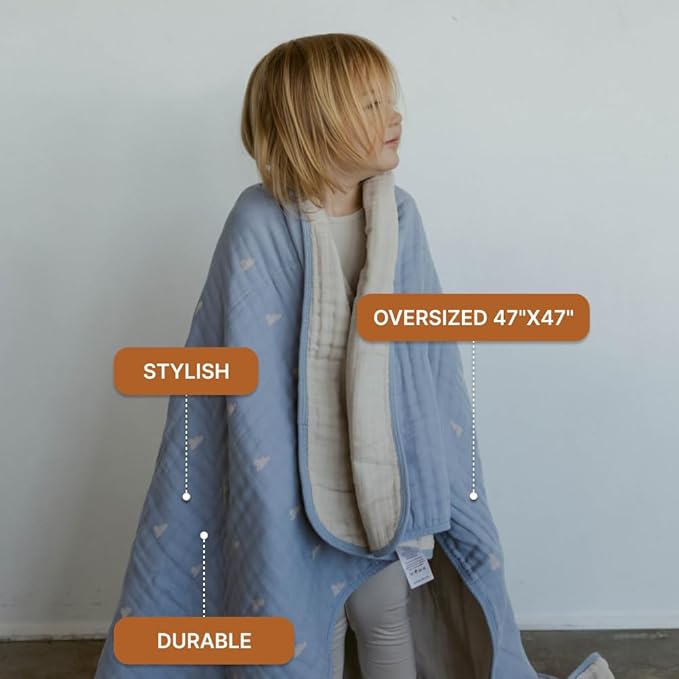 Parker Baby Muslin Blanket | 100% Soft Cotton Toddler Quilt & Baby Muslin Swaddle | Gender Neutral Design 47" x 47" Blanket