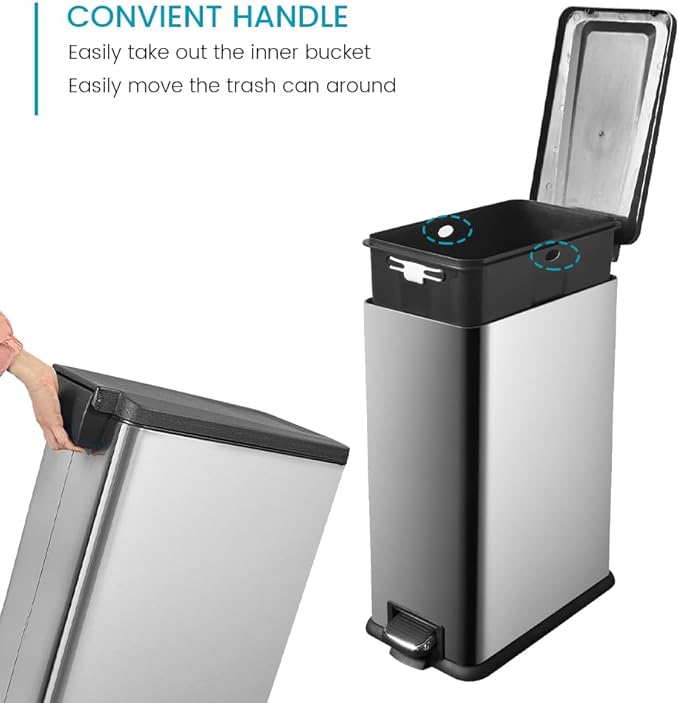 12 Gallon Trash Can with Lid，45L Kitchen Garbage Can,Stainless Steel Trash Can for Narrow Spaces with Soft-Close Lid, Inner Bucket, and Step-on Pedal