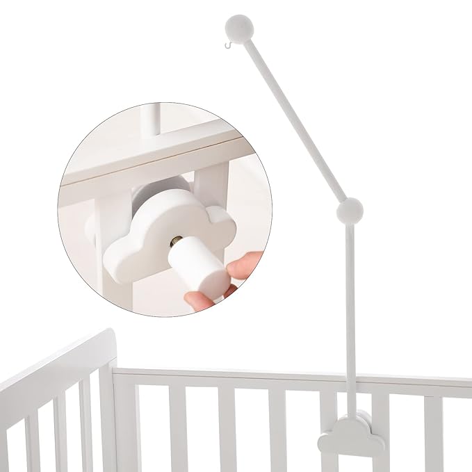 OESSUF Baby Crib Mobile Arm, 27 Inch Wood Hanger, White Cloud Design, Nursery Mobile Holder for Cot Bed (White)