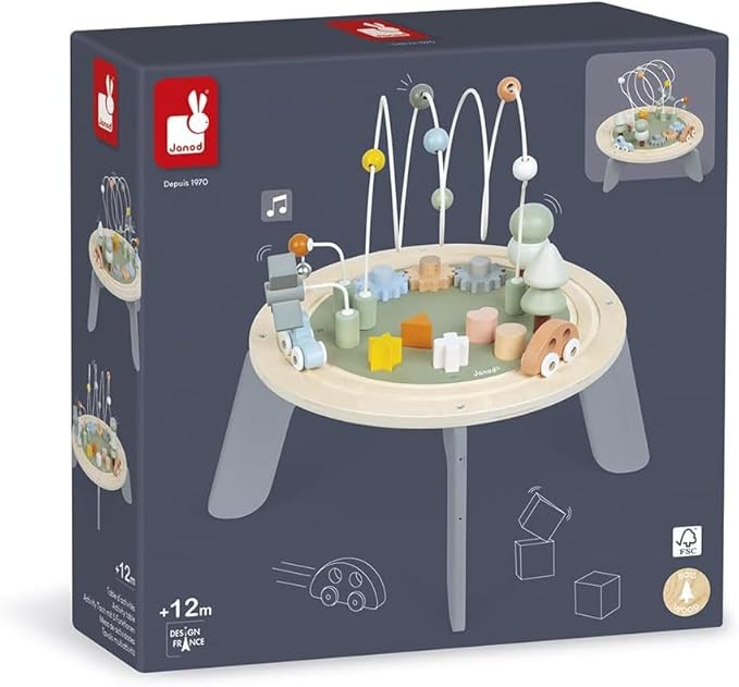 Janod J04402 Sweet Cocoon Wooden Activity Multi-Play Table Toddlers – Fine Motor Development – Non-Slip Feet – Water Painted and FSC Certified – Suitable for Age 1 Year and Above