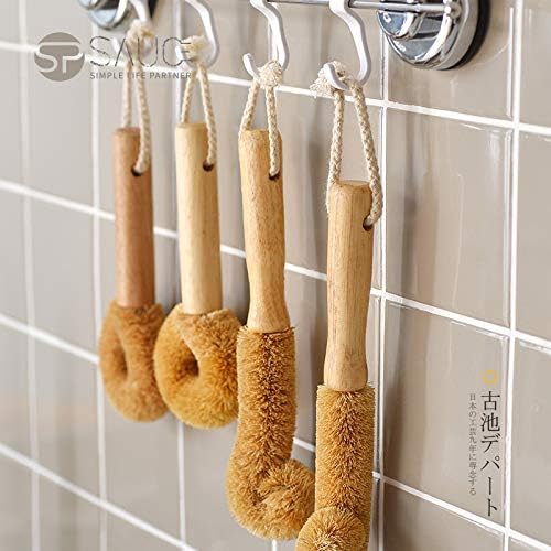 Wodden Cleaning Brush, Bottle Washing Brush, Pan Scrub Brush, Natural Coconut Fiber Brush Head , Sturdy, Deep Cleaning, Eco-Friendly