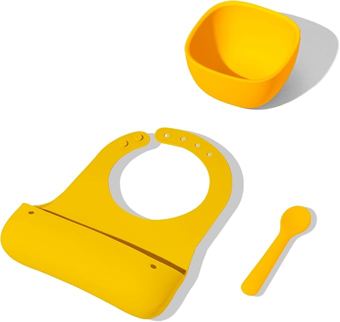 Avanchy Silicone Baby Bibs, Waterproof, Adjustable, BPA Free, Soft Unisex Set for Toddlers with Matching Spoon