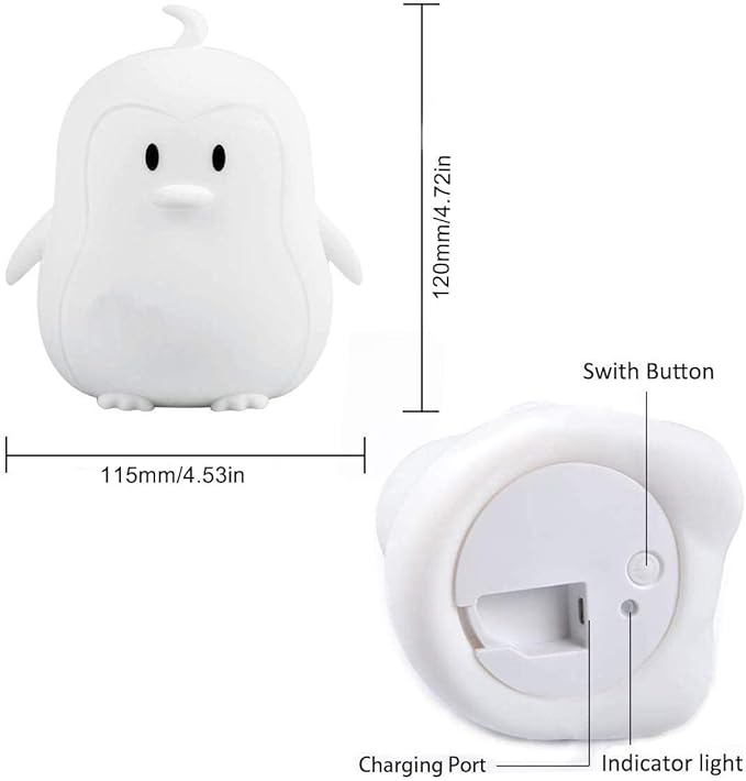 Night Light, LED Cute Silicone Lamp Bedside Lamp, Animal Light - 9 Colors Changing/USB Rechargeable/Remote Control/Dimmable Children Night Light for Kids/Bedroom/Baby Feeding - Medium Penguin