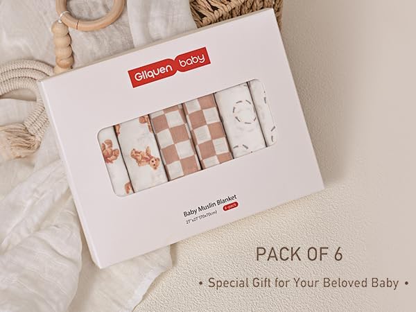 GLLQUEN BABY Receiving Blanket Boy Cotton Muslin Swaddle Blankets Girl Newborn Squares Breathable & Soft Thin Baby Blankets Cloths Double Absorbent Infant Swaddling Wrap - 6 Pack (Christmas Bear)