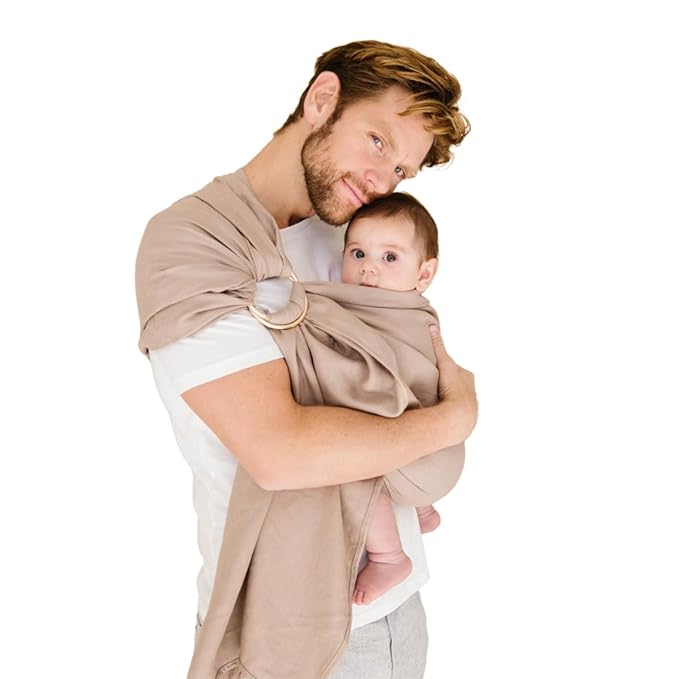 WildBird - Ring Sling Baby Carrier - Newborn to Up to 35 lbs - for Moms, Dads & Caregivers - 100% Natural European Linen Fibers - Versatile & Adjustable - 74” Size - Desert Lark Fabric & Black Ring