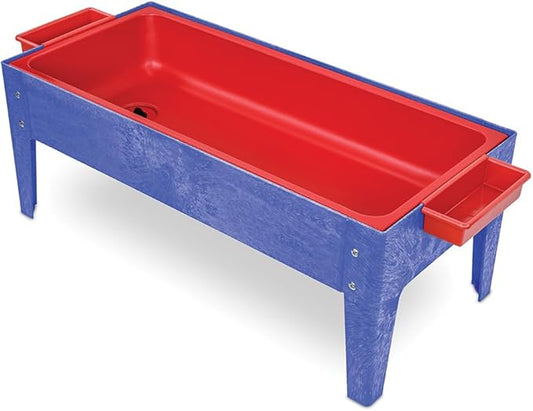 Constructive Playthings Indoor/Outdoor Sand and Water Activity Table for Kids Ages 1-3, Classroom Play Table with Dry-Erase Top and 2 Side Trays, Blue/Red, 18" H