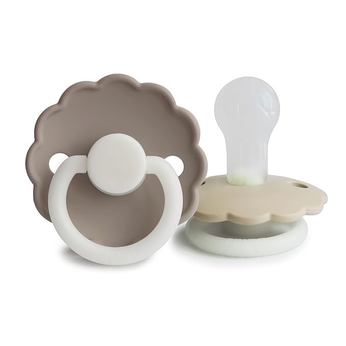 FRIGG Daisy Night SilkySoft Silicone Baby Pacifier | Made in Denmark | BPA-Free (Portobello/Croissant, 0-6 Months)