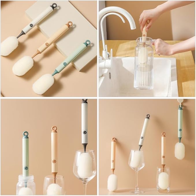 Amosfun 4Pcs Long Handle Cup Cleaning Brush Sponge Brush for Bottles Wine Glasses and Tumblers Safe Lightweight Household Cleaning Tool