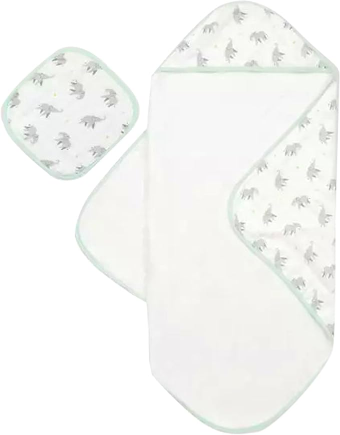 Bamboo Viscose Baby Hooded Towel & Washcloth Set for Babies and Toddlers, Soft & Absorbent, 70% Viscose from Bamboo, 30% Cotton Muslin - Imported (Elephant)