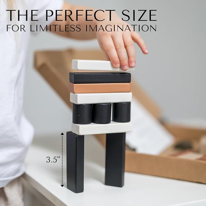 Educational Stacking Blocks for Toddlers 1–3 – 46-Piece Wooden Building Block Set | Montessori-Inspired Learning Toy with Storage Bag | Safe, Non-Toxic, Earth-Tone Colors