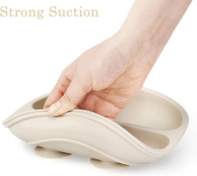 PandaEar 3 Pack Divided Unbreakable Silicone Baby and Toddler Plates - Non-Slip - Dishwasher and Microwave Safe - Silicone (Pink Green Light Tan)