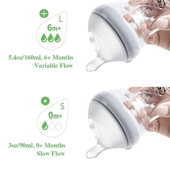 haakaa Gen.3 Natural Glass Baby Bottle Set 4.2oz & 6oz - Wide Neck Anti-Colic Slow Varibale Flow Nipple, 0M+ 3M+ 6M+ Breastfed Babies