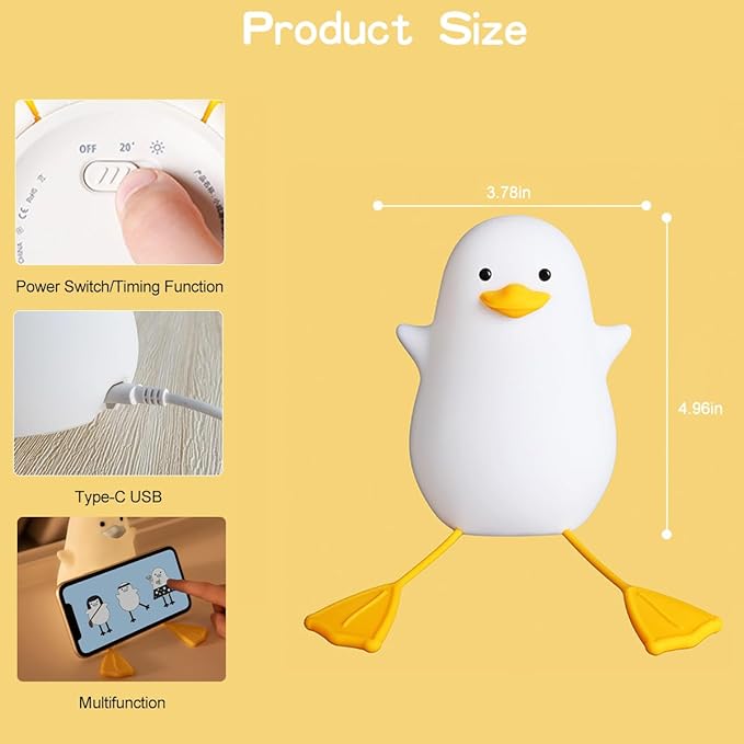 LED Cute Silicone Duck Night Light, Cute Silicone Duck Lamp and Animal NightLight, LED Squishy Animal Light for Sleep, Kawaii Bedside Lamp Room, Rechargeable Bedroom Lamp & Room Gift