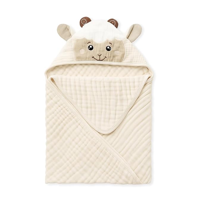 Blissful Diary Muslin Baby Hooded Towel 1 Pack, Soft & Absorbent Bath Towel for Infant, Toddler, Unisex, Baby Gift, Newborn Essentials, Gentle Lamb