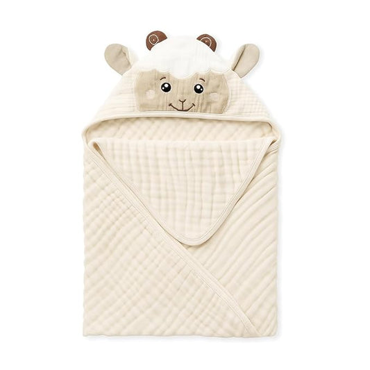 Blissful Diary Muslin Baby Hooded Towel 1 Pack, Soft & Absorbent Bath Towel for Infant, Toddler, Unisex, Baby Gift, Newborn Essentials, Gentle Lamb