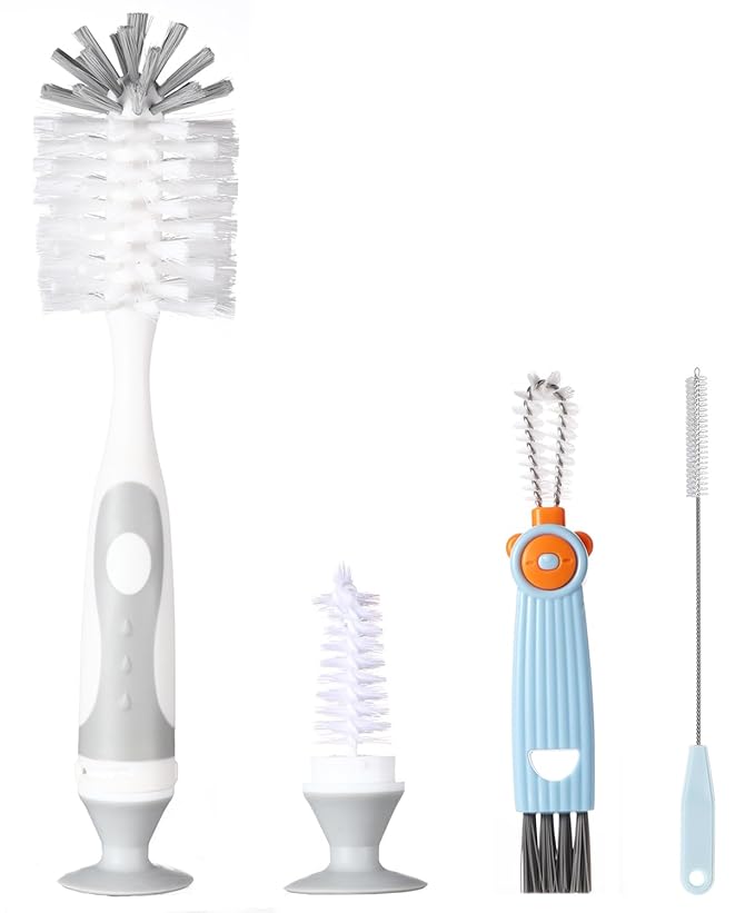 4-in-1 Baby Bottle Brush Set - Including Brushes for Bottles, Straws, Caps, & Nipples - BPA-Free (Grey)