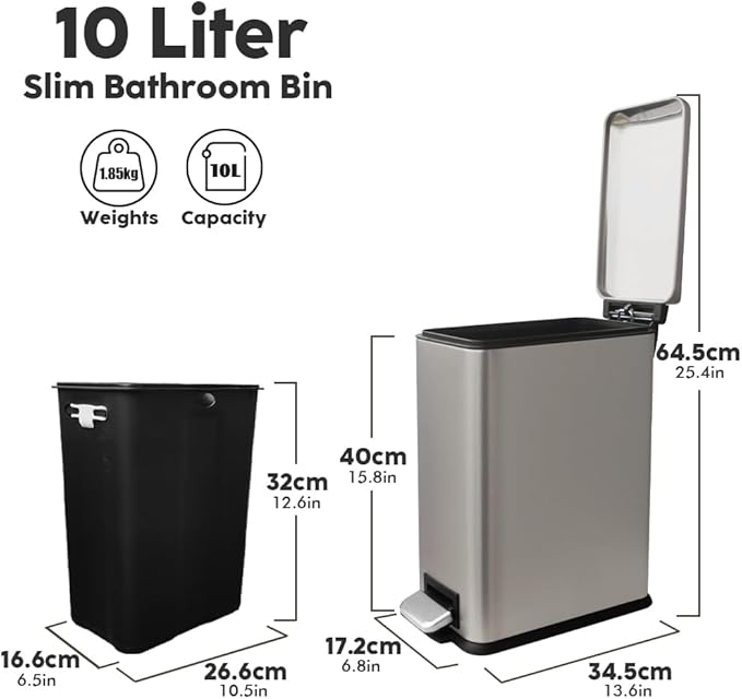 Bathroom Bin 10L, Small Kitchen Bins with Soft Close Lid,Slim Pedal Bin with Removable Inner Bucket,Small Bins for Bathroom,Kitchen,Bedroom,and Office,grey