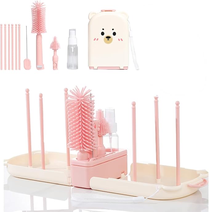 6 In1 Baby Bottle Brush Kit,Portable Silicone Bottle Brush Cleaner Set with Straw Brush,Nipple Brush,Drying Rack,Soap Dispenser,Storage Bag for Travel or Home (Pink)