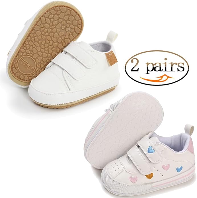 2Pairs Baby Shoes,Boys Girls Non-Slip Rubber Sole Sneakers,Unisex Infant Soft Lightweight First Walking Crib Shoes