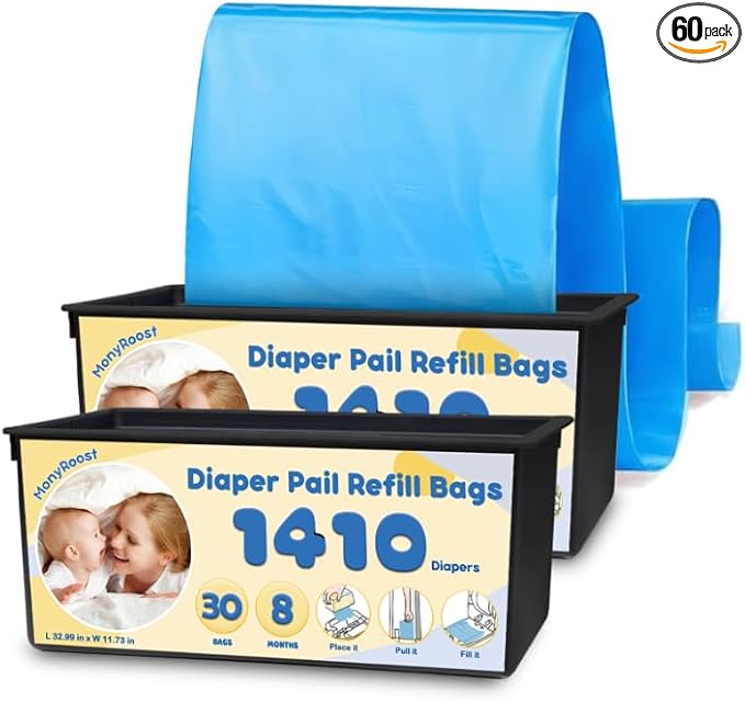 Diaper Pail Refills Bags Compatible with Genie Easy Roll Signature & Platinum Diaper Pails | Holds Up to 1410 Newborn Diapers Per Refill — Unscented, Odor Locking, 2Pack(60 Bags)