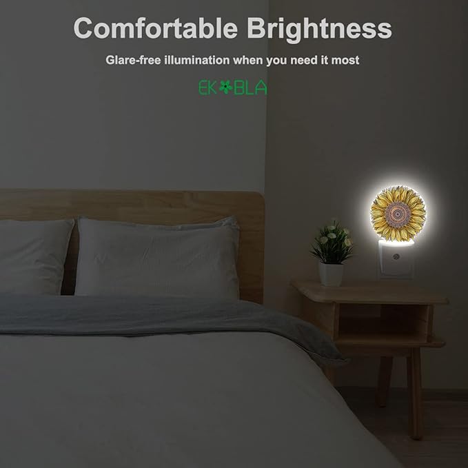 EKOBLA Sunflower Night Lights Plug into Wall Boho Yellow Flower Plug-in Nightlights, Gifts for Women Mom Grandma, Dusk to Dawn Sensor LED Round Nightlight Home Decor