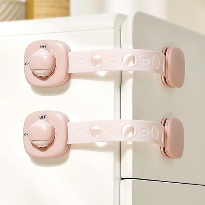 Fridge Lock Refrigerator Locks for Kids Proof Cabinet Locks Baby Proofing No Drill Installation, Heavy Duty Child Safety Latches for Kitchen Drawers&Oven Doors, Adjustable 2-15cm (Pink 2Pack)