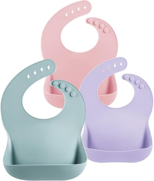 PandaEar 3 Pack Silicone Bibs for Babies Toddlers Girls, Adjustable Fit BPA Free Waterproof Bibs with Pocket Food Catcher (Blue/Pink/Purple)