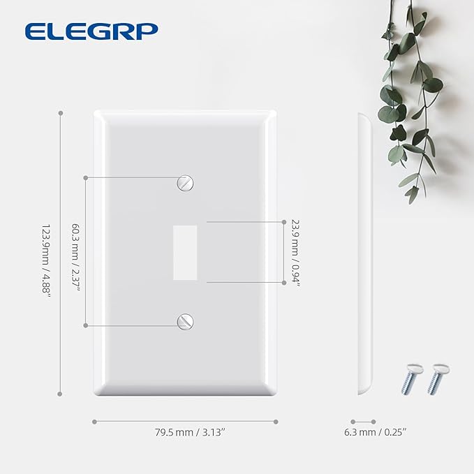 ELEGRP 1-Gang Mid Size Toggle Switch Covers, Light Switch Wall Plate, Unbreakable Polycarbonate Replacement Faceplates Covers, UL Listed, Color-matched Screws Included (1 Pack, Glossy White)