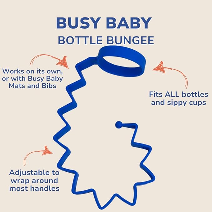 Busy Baby Bottle Bungee - Sippy Cup Strap - Keeps Bottles and Sippy Cups Off The Floor - Food Grade Silicone - Dishwasher Safe (Blue)