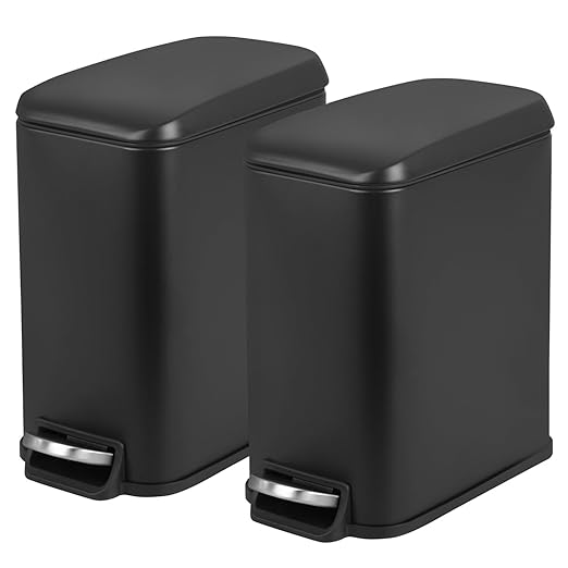 PayLessHere Slim Trash Can, 1.3 Gallon Bathroom Trash Can with Lid, Small Black Stainless Steel Waste Bin with Removable Inner Bucket for Home, Office, Restroom (5Liter)