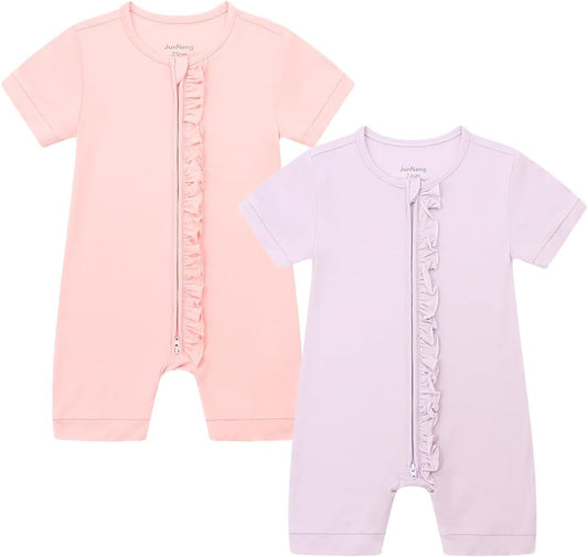 JunNeng Baby Boy Girl 2 Pack Rayon of Bamboo Summer Sleeper Infant Soft Short Sleeve Zipper Footless One-piece Romper