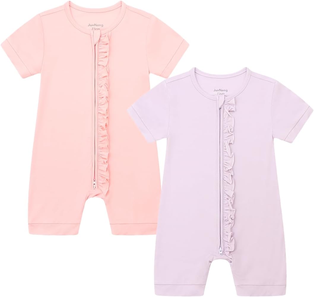 JunNeng Baby Boy Girl 2 Pack Rayon of Bamboo Summer Sleeper Infant Soft Short Sleeve Zipper Footless One-piece Romper