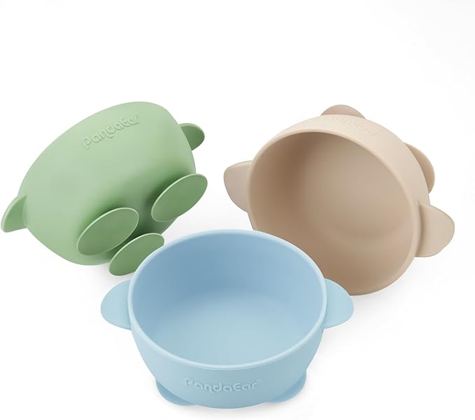 PandaEar 3 Pack Baby Suction Bowls, Stay Put Silicone Food Bowl Babies Led Weaning Supplies for Kids Toddlers, BPA-Free -Blue/Green/Brown